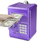 Spargriser, elektronisk lås til børn Adgangskode Spargriser Mini ATM Pengebesparelse til papirpenge og mønter Fantastisk gave til drenge og piger (lilla guld)