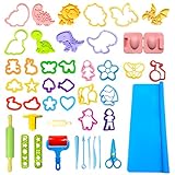 VAIYNWOM Plasticine Accessories for Kids, 43 කෑලි Plasticine Tool Molds Scissors Dough Roller Dinosaurs සතුන් සහ පැල, අනා පැදුරු ගබඩා බෑගය