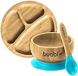 BUABI Natural Bamboo tableware, 3-ibe set: Bowl, Plate and Spoon. Na iko mmiri mmiri na-adịghị amị amị na ntọala. Bamboo na silicone ọkwa nri, Eco-friendly na-enweghị BPA (Blue)