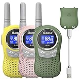 QNIGLO Q168Plus + Macaron Lot de 3 talkies-walkies pour enfants rechargeables par USB, communication bidirectionnelle PMR446, bonne aide pour l'aventure en plein air, jouet et cadeau de mode pour les enfants (rose vert jaune)