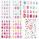 96 Stück künstliche Nägel für Mädchen mit Strass-Aufklebern, kurze bemalte Nagelaufkleber, Acryl-Nagel-Set