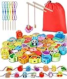 Jojoin Lot de 46 perles en bois à enfiler – 2 en 1 Montessori Toys Jeu de pêche pour enfants | Fruit Légumes Animal - Jouets éducatifs Cadeau d'anniversaire pour Enfants 3 4 5 6 7 Ans