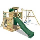WICKEY Parque infantil de madera Smart Camp con columpio y tobogán verde, Casa de juegos de jardín con arenero y escalera para niños