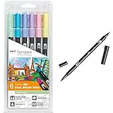 Tombow Set ຂອງ 6 Dual Brush Markers ສີ Pastel + DUAL BRUSH N25 Dual Brush Tip Marker, ສີດໍາ