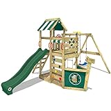 WICKEY Parque Infantil de Madera SeaFlyer con Columpio y tobogán Verde, Casa de Juegos de jardín con arenero y Escalera para niños