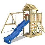 WICKEY Parque infantil de madera MultiFlyer con columpio y tobogán azul, Torre de escalada de exterior con techo, arenero y escalera para niños