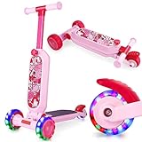 Børnescooter, 3-hjulet foldbar scooter, 2 i 1 børnescooter, LED store hjul, højdejusterbart styr til små drenge og piger i alderen 3-12 (pink)