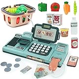 ເງິນສົດ Register Toys Microphone Electronic calculator Scanner with Sound, Scanner, Food Shopping Basket Machine Store Supermarket Food Toys Gift for Girl Boy more than 3
