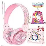 Hovedtelefoner til piger, Smukke Unicorn-hovedtelefoner til børn med mikrofon, Justerbare hovedtelefoner til piger (3-12 år), Børnehovedtelefoner til skole/fly/tablet, Unicorn-gave til piger