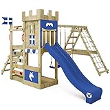 WICKEY DragonFlyer Castle Lekplats med gunga och rutschkana blå, utomhusklättertorn för barn med sandlåda, stege och lektillbehör för trädgården