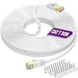 Cable Ethernet 30 Metros, Cable de Red Plano Latiguillo Rj45 Cat 7 Cable Network 30m Gigabit Blanco Alta Velocidad Cable Internet para Switch, Rúter, Módem, Panel de Conexión, PC