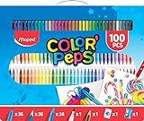 Maped - Kit de Coloreado de 100 Piezas - Estuche Portátil - 36 Rotuladores Lavables, 36 Lápices de Colores, 24 Ceras, 1 Rotulador Brush, 1 Lápiz de Grafito, 1 Goma de Borrar y 1 Sacapuntas