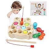 LinStyle Montessori Toys 2 Years Old, Magnetic Fishing Game для дітей, дерев'яні іграшки для риболовлі, розвиваючі іграшки, подарунки для малюків від 2, 3, 5 років (жаба)