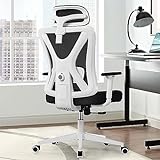 Офісне крісло KERDOM, ергономічне письмове крісло з регульованим підголівником і поперековою опорою, підлокітниками, дихаючою сіткою, колесами, що обертаються на 360°, білі