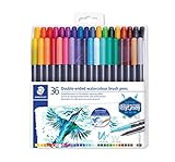 Staedtler Watercolour Brush Pens 3001 TB36, Rotulador de Doble Punta de Fibra Acuarelable, 36 unidades, Multicolor