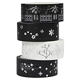 UOOOM 4 rollos Washi Tapes negra blanca Plateado Patrón Cinta adhesiva decorativa de papel de enmascarar para decoración, álbumes de recortes, manualidades, regalo (plata)