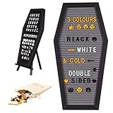 काले, सफेद और पीले रंग में 507 प्री-कट अक्षरों के साथ ब्लैक कॉफ़िन बुलेटिन बोर्ड गॉथिक सजावट - प्लाईवुड कॉफ़िन बुलेटिन बोर्ड में स्टैंड शामिल है - 44 x 22 सेमी