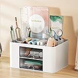 Glovios Desk Organizers with drawer, rreative and simple desk Organizers, Plastic Table Organizer for Home Office and School (ສີຂາວ)