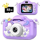 Хүүхдэд зориулсан Unicorn камер, 3-12 насны охидод зориулсан зул сарын төрсөн өдрийн бэлэг, 1080P HD Selfie дижитал видео камер, 32 ГБ SD карттай бяцхан охид хөвгүүдэд зориулсан бэлэг тоглоом
