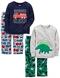 Simple Joys by Carter's Pijama de 4 Piezas Superior de Algodón y Parte Inferior de Felpa Niño, Dinosaurio/Camión de Bomberos, 3 años