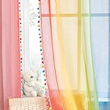 NICETOWN Cortinas Dormitorio con Pompons de Colores Visillos Cortos para Ventanas Cortinas Transparentes con Degradado de Arco Iris Cortinas Infantiles Niña, 132x160 cm(AnchoxAlto)