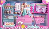 Comptoir de supermarché Fashion Lucy Doll avec machine POS, une étagère avec divers produits, factures et pièces de monnaie