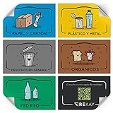 Rekay - Recycling Stickers - 5 Etiketten fir Dreckverwäertung mat Guide abegraff, Si schielen net of, ënnerscheeden all Dreckskëscht mat Stickeren op Spuenesch vun 8,5x5,5 cm jee.