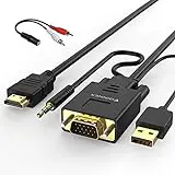 FOINNEX Cable VGA a HDMI, Adaptador VGA a HDMI con Audio (Convertidor de PC Antigua a TV/Monitor con HDMI Hembra Conversor) Conector VGA to HDMI Macho 1080P Video y Sonido para Laptop, Proyector, 1.8m