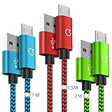 Gritin Cable Micro USB 3 Pack-1M/1.5M/2M,Carga R¨¢pida Trenzado de Nylon Cargador Micro USB para Galaxy, Kindle, Nexus y m¨¢s (Azul - Rojo - Verde)