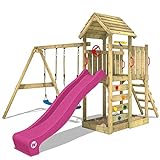 WICKEY Parque infantil de madera MultiFlyer con columpio y tobogán violeta, Torre de escalada da exterior con arenero y escalera para niños