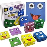 Puzzle Expresiones de Madera, Montessori Interactivo Juguete Rompecabezas Cubos Mágicos Emoji, Bloques Construcción de Madera Juegos Creativos Diseños IQ Cube para Niños 3+ Años