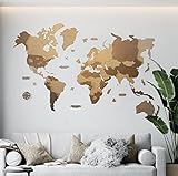 MISS MAPS 3D wooden world map for wall. Map to mark trips and decoration for travelers (100x60cm, 3D Bicolor)