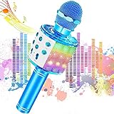 Microfono Inalámbrico Karaoke, JoyKing Micrófono Karaoke Bluetooth Infantil Portátil con Altavoz y LED para Niños Canta Partido Musica Compatible con Android/iOS PC, AUX o Teléfono Inteligente (Azul)