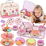 NCKIHRKK Children's Tea Set na may Case, 46 Pieces Metal Toy Tea Service, Kitchen Toy Tableware Toy and Food, Children's Tea Set for Girls 3 4 5 6 7 Years Old, Regalo para sa Girls 3-8 Years