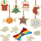 Kits de Punto de Cruz de Decoración de Madera de Navidad Punto de Cruz de Costura de Madera, Incluye Copo de Nieve Estrella para Manualidades Madera Navidad, Patrones Surtidos (Paquete de 12)
