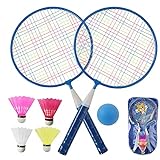 Juego de bádminton para niños, 1 par de raquetas de bádminton ligero para niños con 2 raquetas de bádminton, 4 volantes, 1 bola de esponja para juegos con bolsa de transporte (azul)