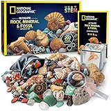 National Geographic Set de Piedras Naturales, Fósiles Auténticos y Minerales para Niños – Juguetes Científicos con Más de 200 Piezas – Geodas Naturales, Cuarzo Rosa, Jaspe, Piedras Preciosas y Más
