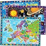 Børnepuslespil 3 4 5 år - 3 store puslespil af 100 Quokka-brikker - Rumkort over verden og Europa - Gavelegetøj til drenge og piger 6 8 10 år