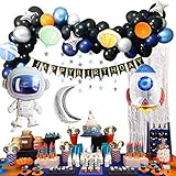 MMTX Decoracion Cumpleaños Globos de Feliz Cumpleaños Primer Cumpleaños Niño 1 año con Guirnalda Cumpleaños, Cohete Astronauta Moon Foil Globo(61pcs, No Contiene Carteles)