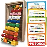Jouet xylophone avec cartes de musique (incluses), Glockenspiel / xylophone de musique en métal / bois 8 notes, avec boîte en bois, 2 bâtons, motif d'étoile multicolore pour enfants.