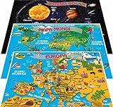 NITRAM Mapa del Mundo infantil, Europa y Sistema Solar de Pared. 3 Poster Láminas para decorar habitación niños. Tamaño A3 (Spanish)