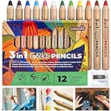 Colozoo Juego de lápices de colores 3 en 1, 12 lápices de colores gruesos, incluye pincel y sacapuntas, colores no tóxicos y veganos para niños a partir de 3 años