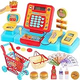 Caja registradora electrónica de juguete con carro de la compra escáner supermercado caja registradora con calculadora,escáner,tarjeta de crédito juego de rol juguete Pour niños niñas 3 4 5 años