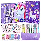 aovowog Unicorn Stationery Set Gift for Girls Unicorn Notebook 10 Pens Purple Pencil Case Portable Bag Birthday Gifts for Kids 5 6 7 8 9 10 11 Xyoo Laus
