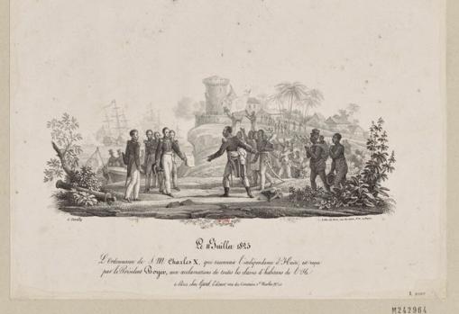 Una litografía del siglo XIX representa al presidente haitiano Jean-Pierre Boyer recibiendo la ordenanza de Carlos X