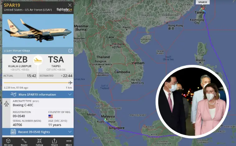 Captura de la aplicación Fligthradar24, con la trayectoria del avión que llevó a Nancy Pelosi a Taiwán