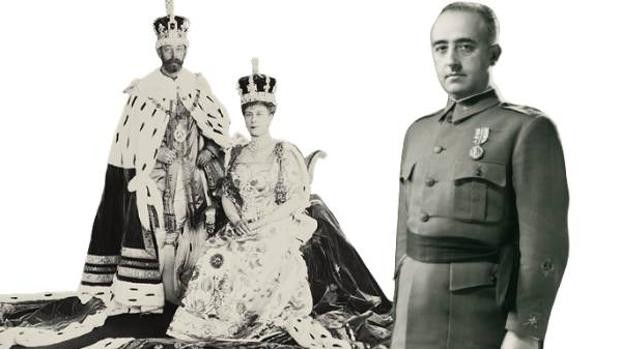 Edición de una fotografía del Rey Jorge V y la Reina María, durante la coronación, junto a Franco en 1936
