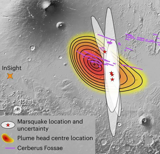Mapa que muestra la ubicación de la pluma del manto en contexto con las detecciones sísmicas de InSight