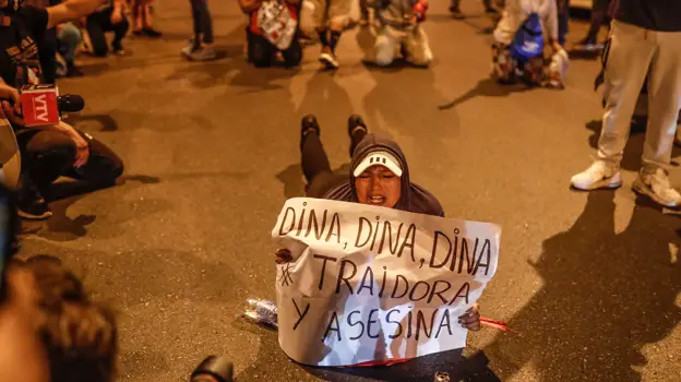 احتج أحد الأشخاص على ملصق ضد الرئيسة دينا بولوارتي خلال احتجاج أمام قصر العدل في ليما.