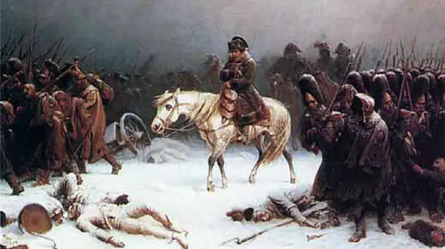 Óleo sobre lienzo realizado por el pintor Adolph Northen, en su cuadro titulado 'El retiro de Napoleón de Rusia'